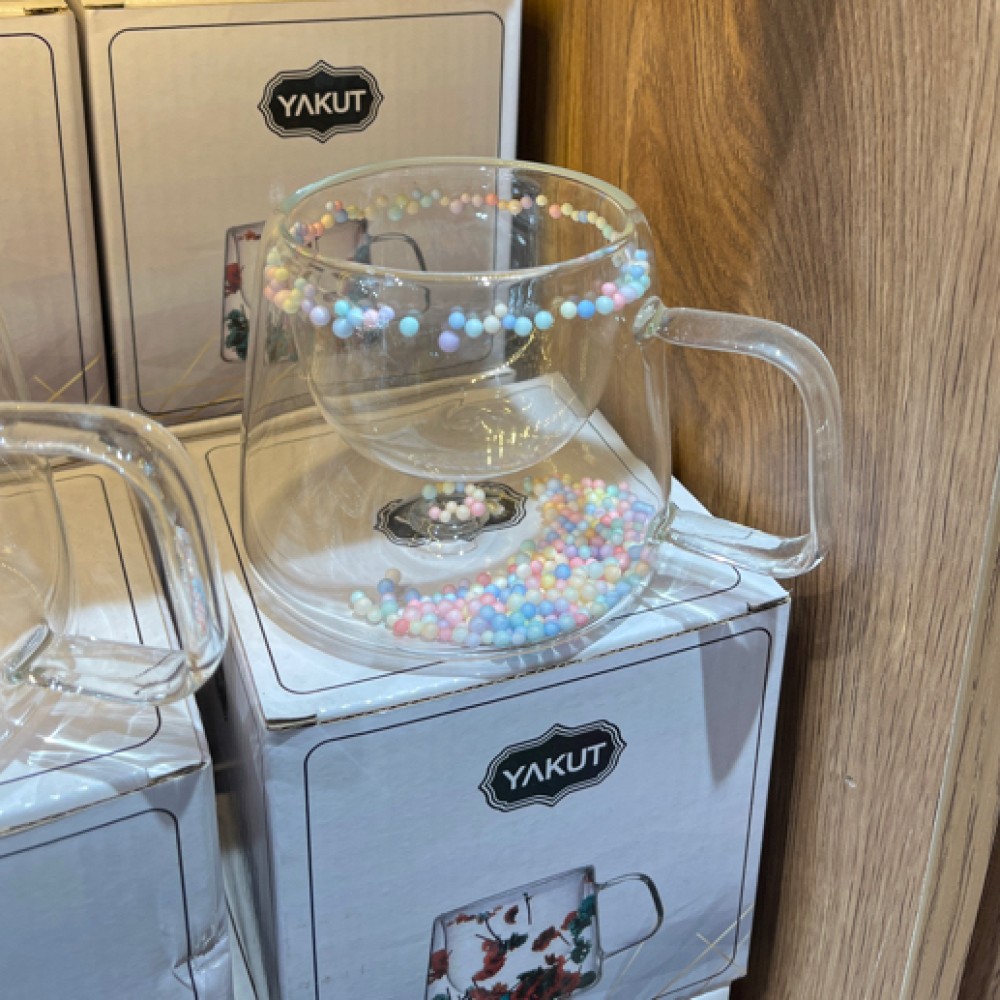 13324 ÇİFT CİD.CAM BONCUKLU KULP BARDAK ORTA BOY*36*